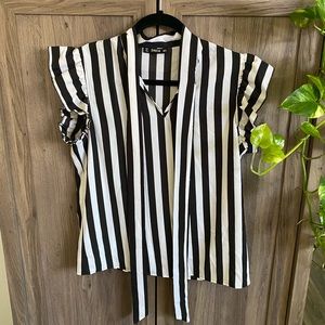 Black and white bold stripe blouse with neck tie